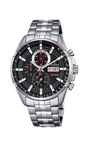 Bracelet de montre pour homme Festina en acier inoxydable argenté avec cadran noir F6844.4